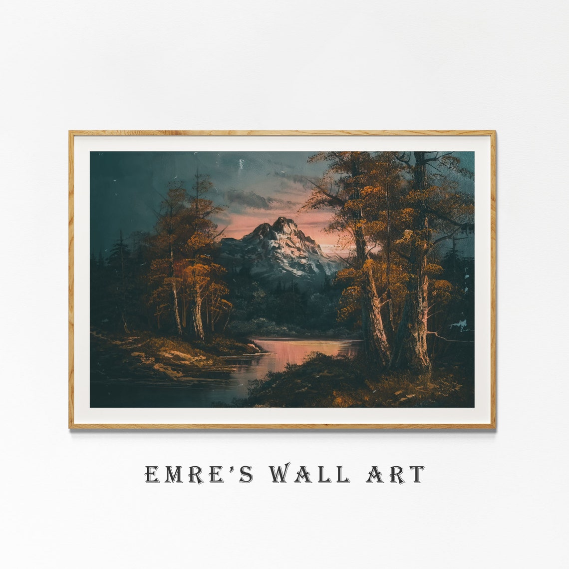 Moody Mountain Lake Sunset Snow Peak Amber Forest Landscape Poster - Image 4