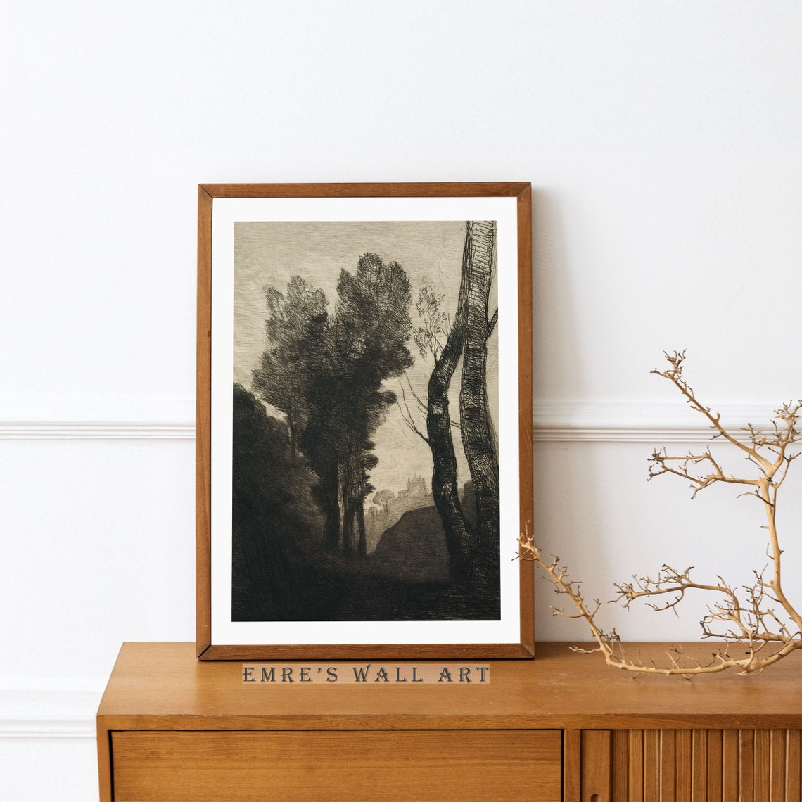Neutral Country Sketch Art Print Vintage Rustic Landscape Home Decor Antique Tree Drawing Vintage Sketch - Image 4