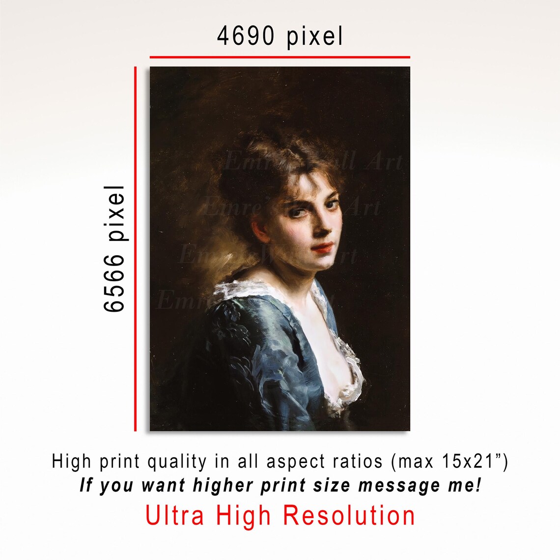 Classic Oil Portrait Young Woman Blue Dress Dark Academia Poster - Image 3