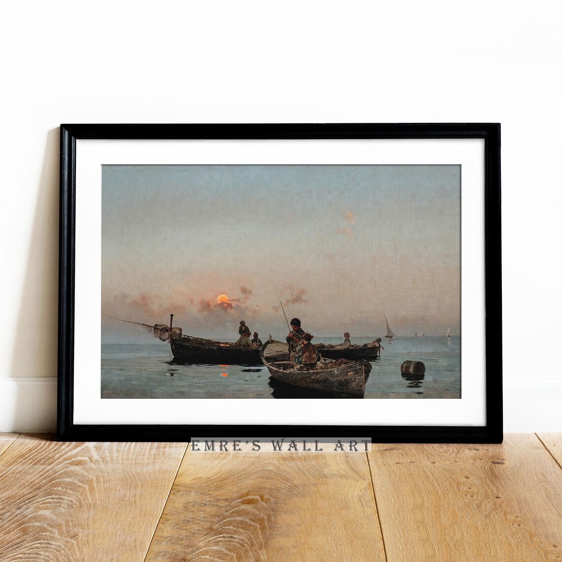 Fishing Boats at Sunset Vintage Seascape Orange Sun Ocean Painting Poster - Image 3