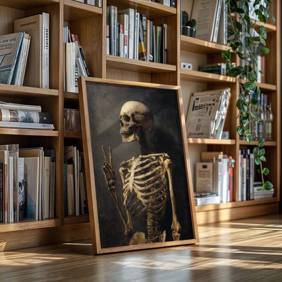 Funny Skeleton Art Print Peace Sign Halloween Wall Decor Gothic Spooky Poster For Alternative Or Macabre Homes