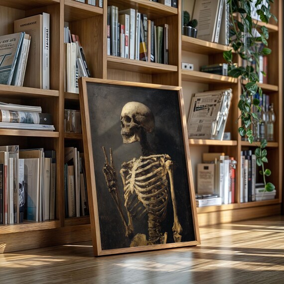 Skeleton Flashing Peace Sign Funny Dark Classical Art Poster