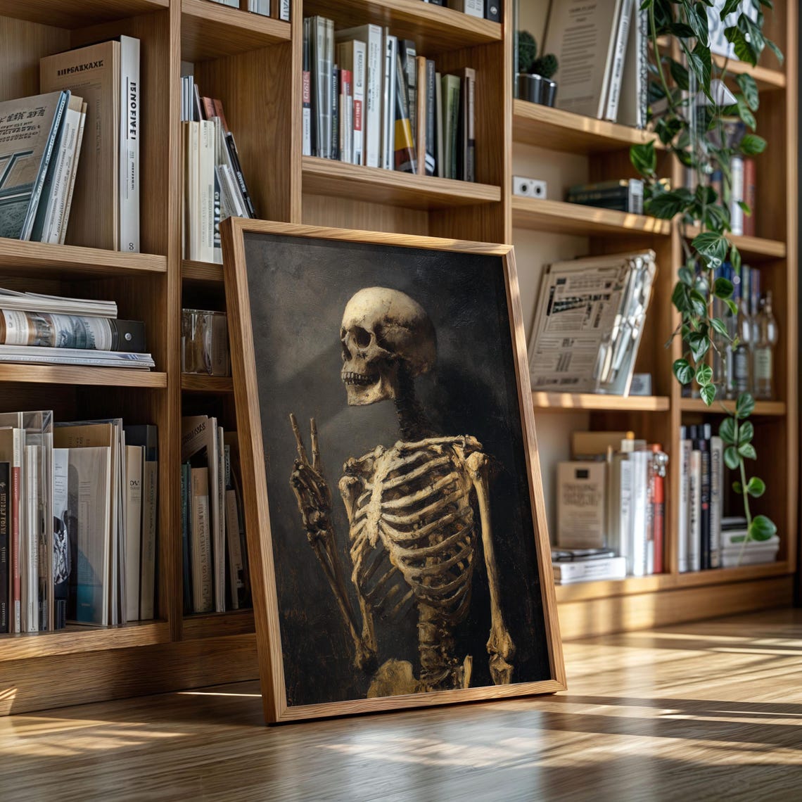 Skeleton Flashing Peace Sign Funny Dark Classical Art Poster