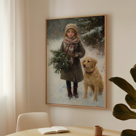Winter Girl Golden Retriever Dog Snowy Forest Vintage Christmas Poster Art