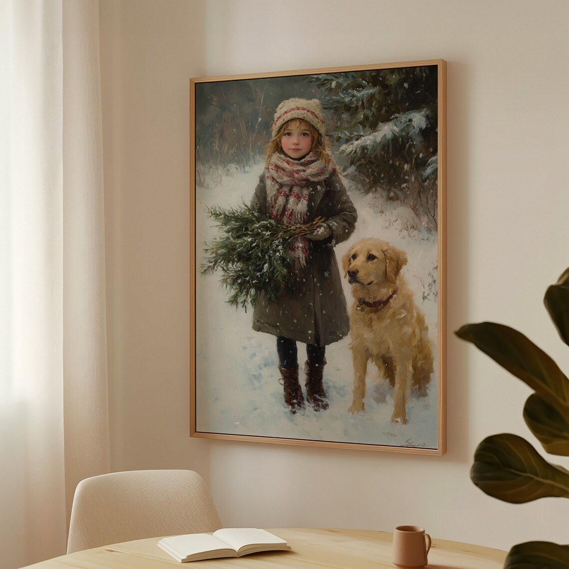 Winter Girl Golden Retriever Dog Snowy Forest Vintage Christmas Poster Art