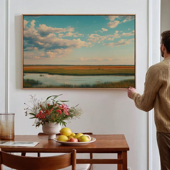 Serene Marshland Art Golden Hour Wetlands With Vibrant Clouds And Tranquil Water Reflection Nature Wall Decor