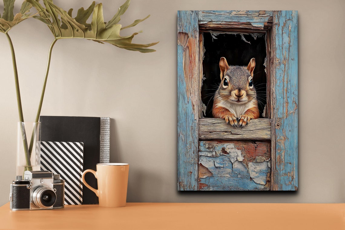 Curious Squirrel Peeking From Rustic Blue Window Animal Poster