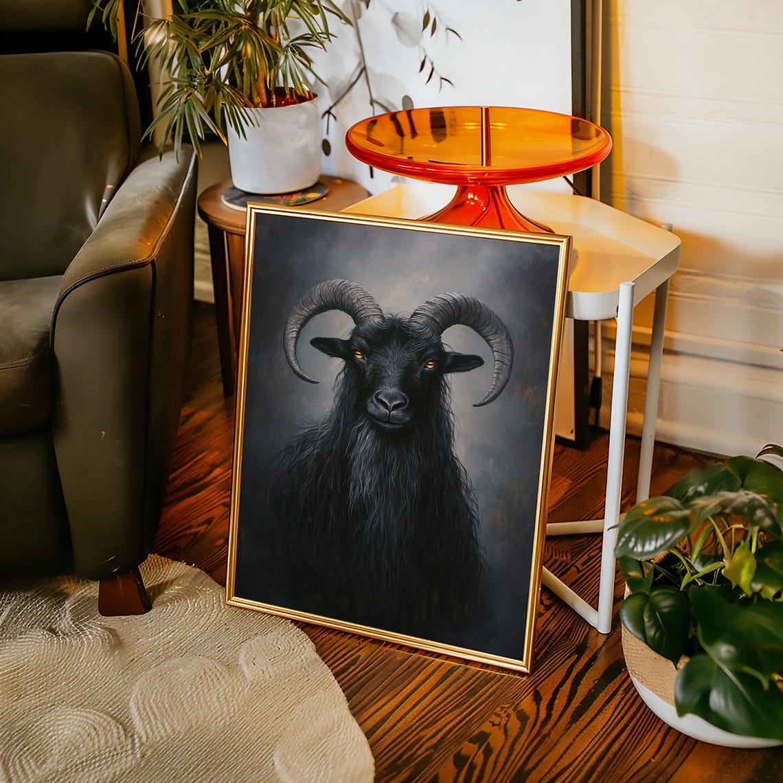 Black Goat With Curved Horns And Glowing Eyes Dark Fantasy Art Poster
