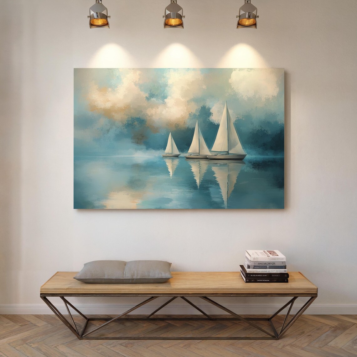 Three White Sailboats On Calm Teal Water Seascape Painting Poster