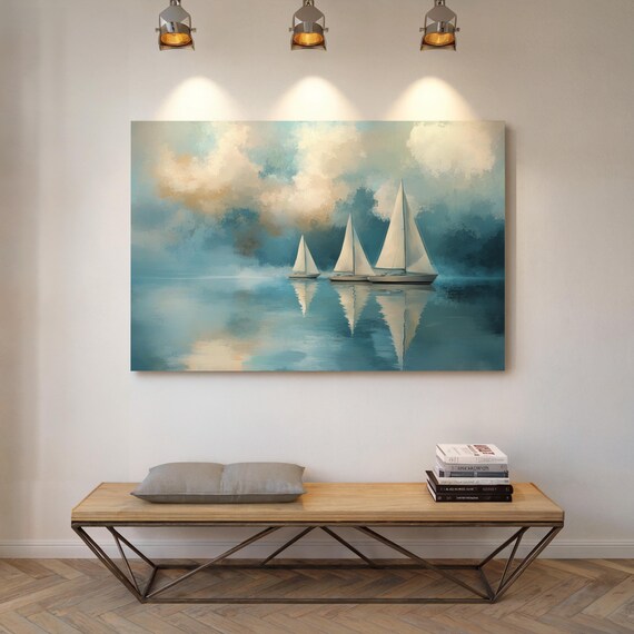 Three White Sailboats On Calm Teal Water Seascape Painting Poster