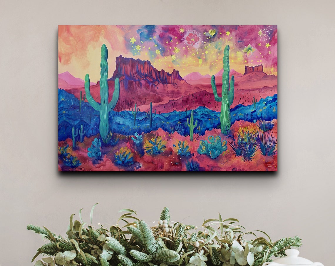 Saguaro Cacti Under a Magenta Starry Night Desert Sky Poster
