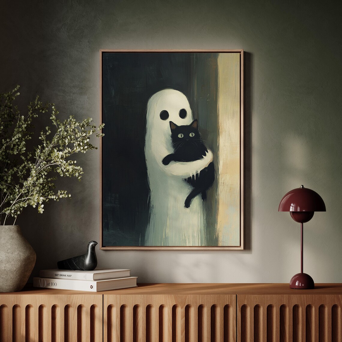 Spooky Ghost And Black Cat Halloween Art Print