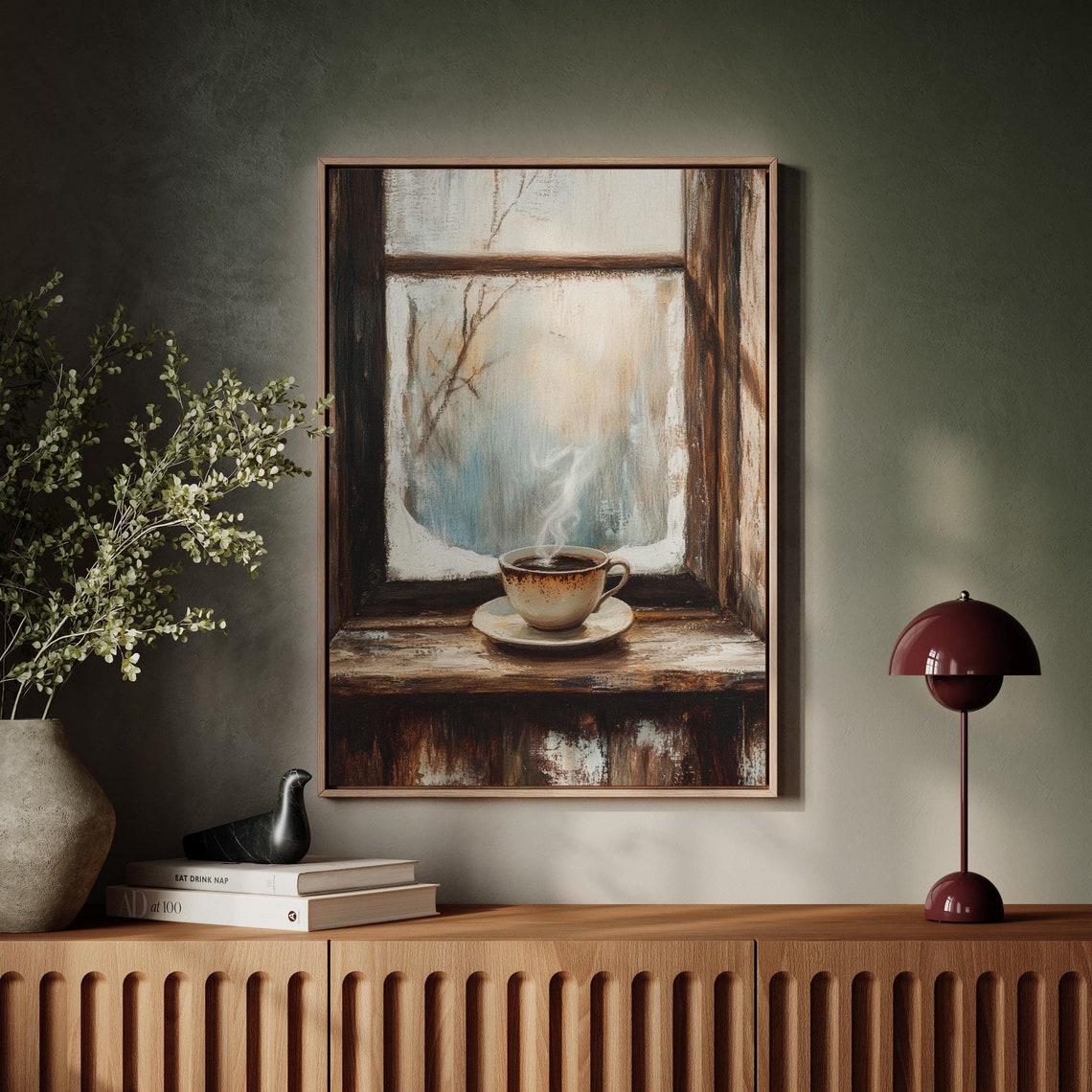 Steaming Coffee Cup on Snowy Winter Window Sill Painting Poster