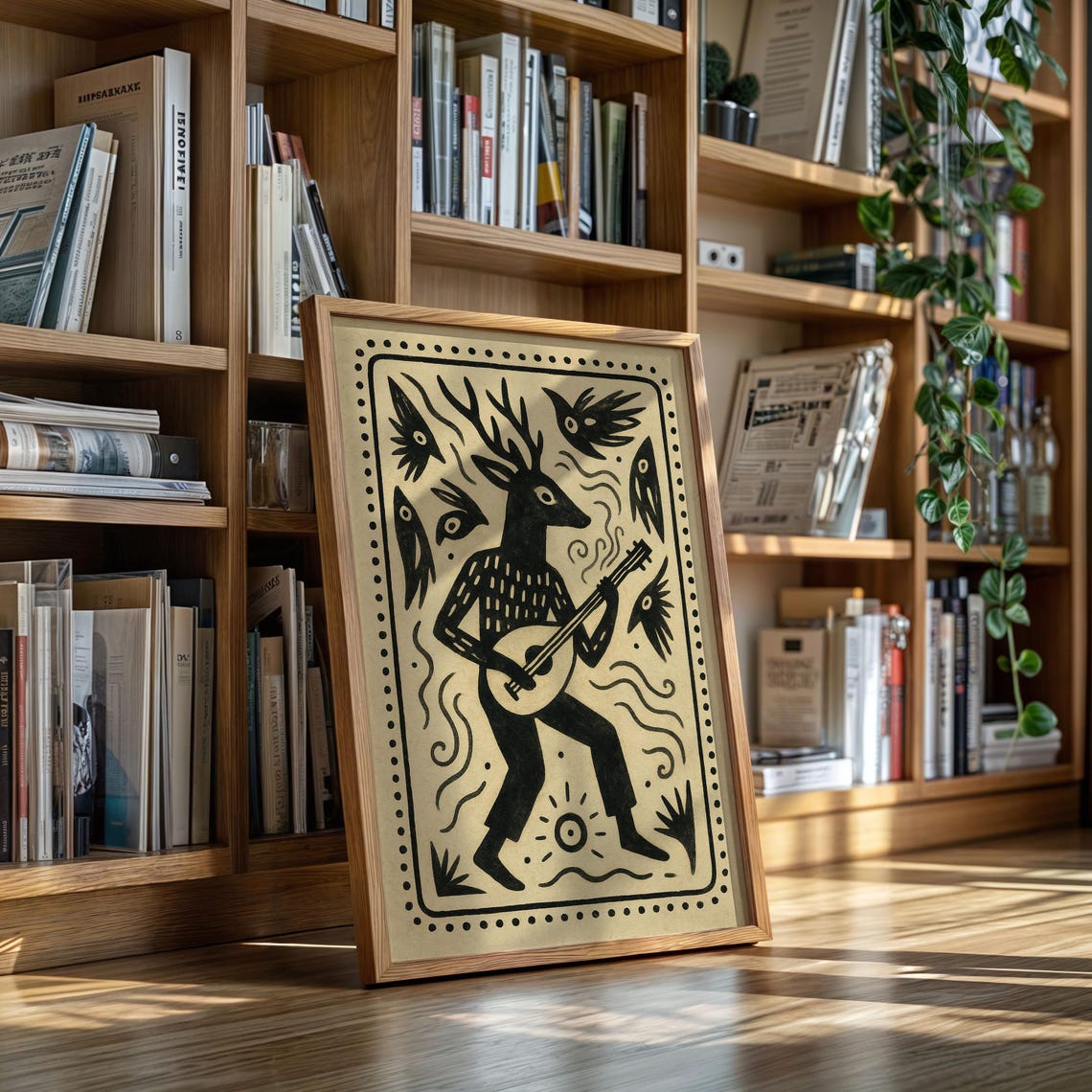 Folk Deer Playing Guitar Tribal Animal Musician Linocut Style Canvas Wall Art Boho Rustic Print