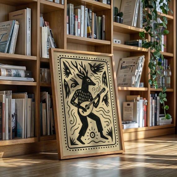 Folk Deer Playing Guitar Tribal Animal Musician Linocut Style Canvas Wall Art Boho Rustic Print
