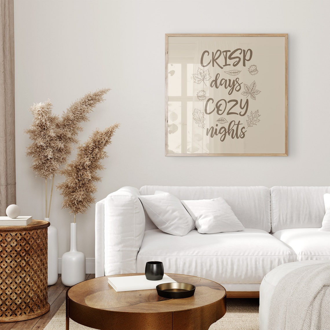 Crisp Days Cozy Nights Neutral Beige Fall Leaf Script Wall Print - Image 3