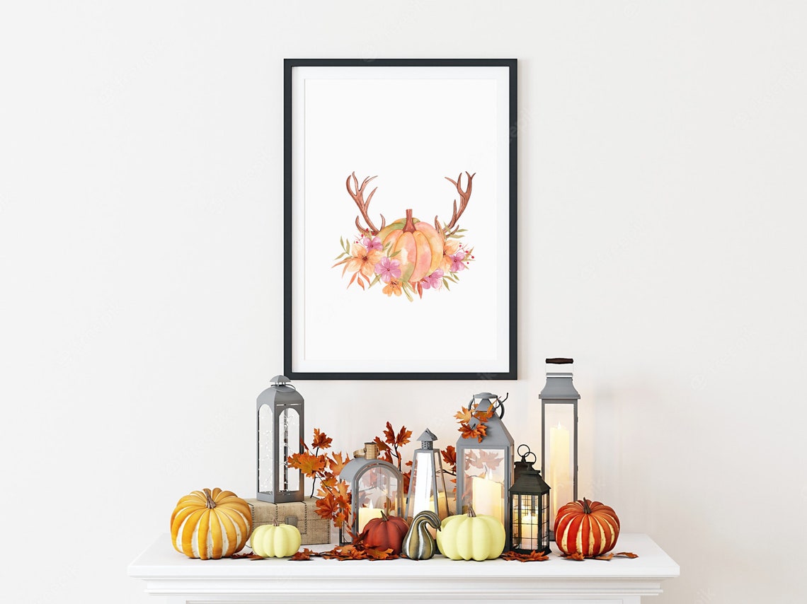 Watercolor Pumpkin with Antlers Floral Fall Harvest Wall Art Print - Image 2