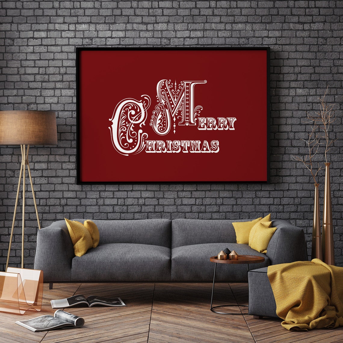 Merry Christmas Ornate Vintage Lettering Deep Red Wall Art Print - Image 4