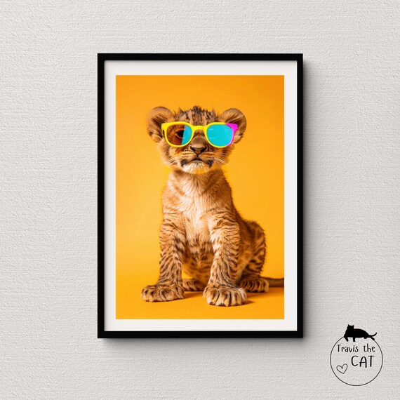 Adorable Lion Cub in Colorful Sunglasses on Orange Pop Art Poster