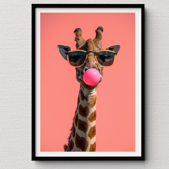 Giraffe in Orange Sunglasses Blowing Pink Bubblegum Coral Pop Poster