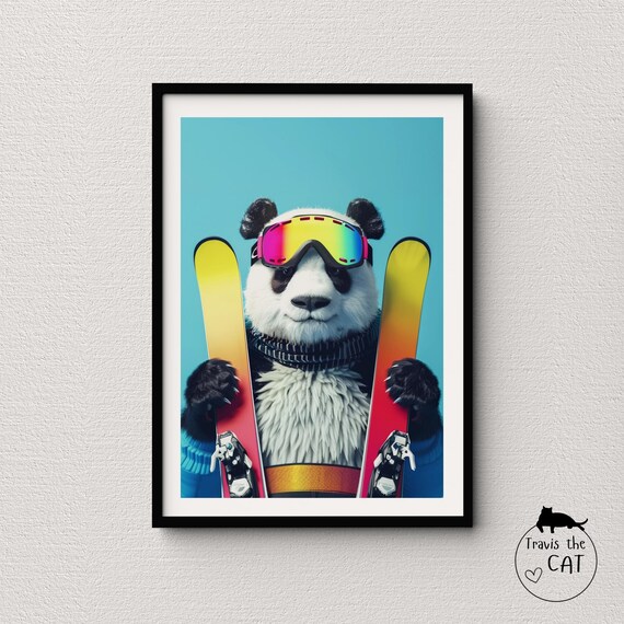 Panda Skier in Goggles and Scarf Holding Skis Turquoise Pop Art Poster