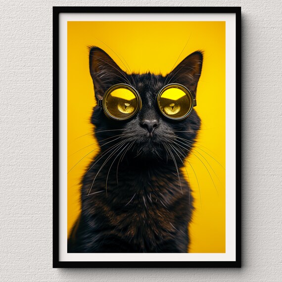 Black Cat With Yellow Sunglasses Cute Fun Photo Style Poster