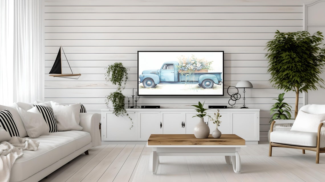 Vintage Truck Frame Tv Art Frame Tv Art Easter Truck Art For Tv Old Blue Truck Tv Art Vintage Floral Tv Art Smart Tv Art - Image 2