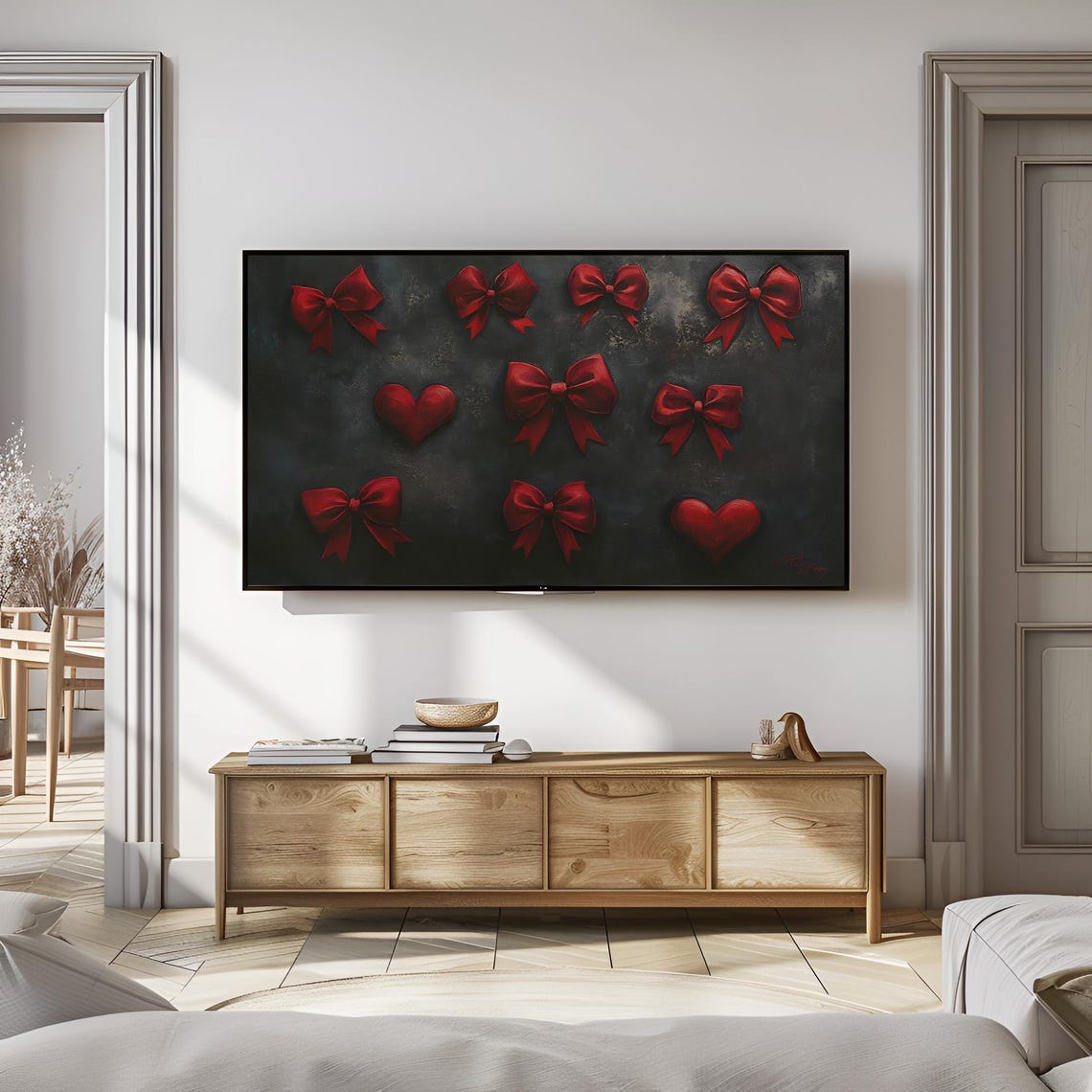 Red Ribbon Bows Hearts Black Background Elegant Holiday Poster - Image 2
