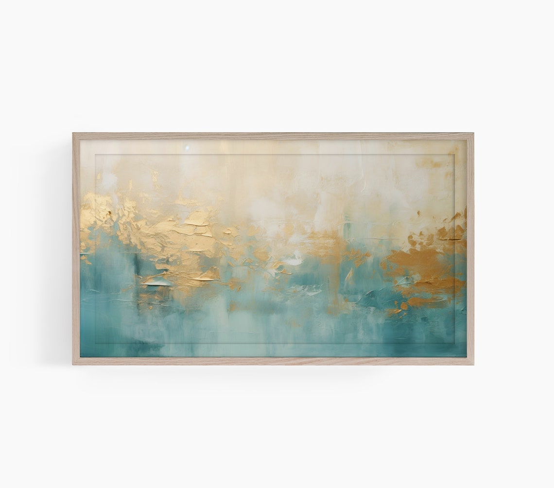 Gold Leaf Teal Blue Abstract Modern Painting Poster with Texture