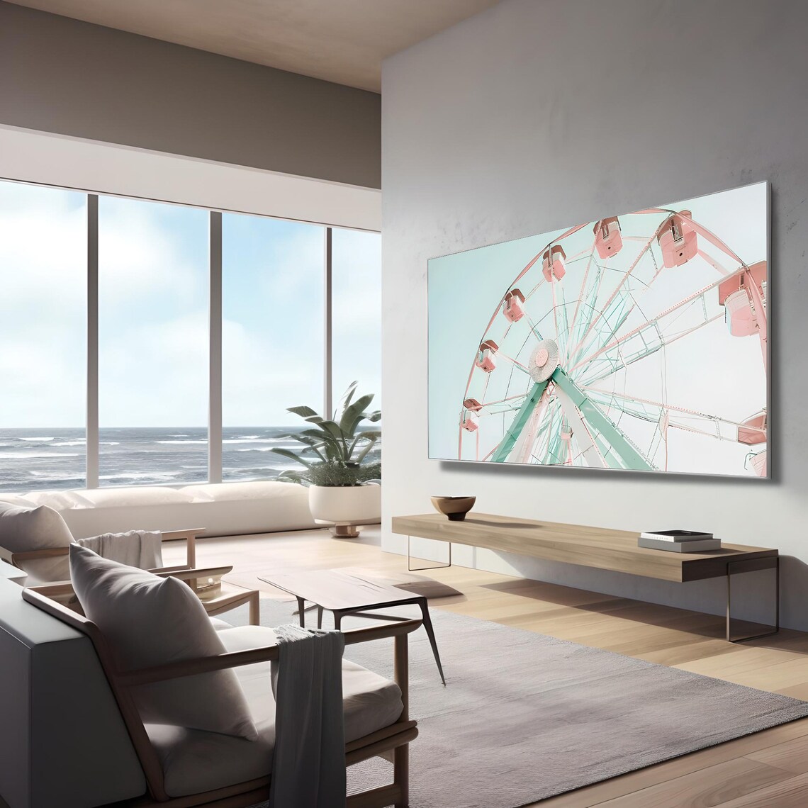 Ferris Wheel Coastal Summer Art Print, Neutral - Image 3