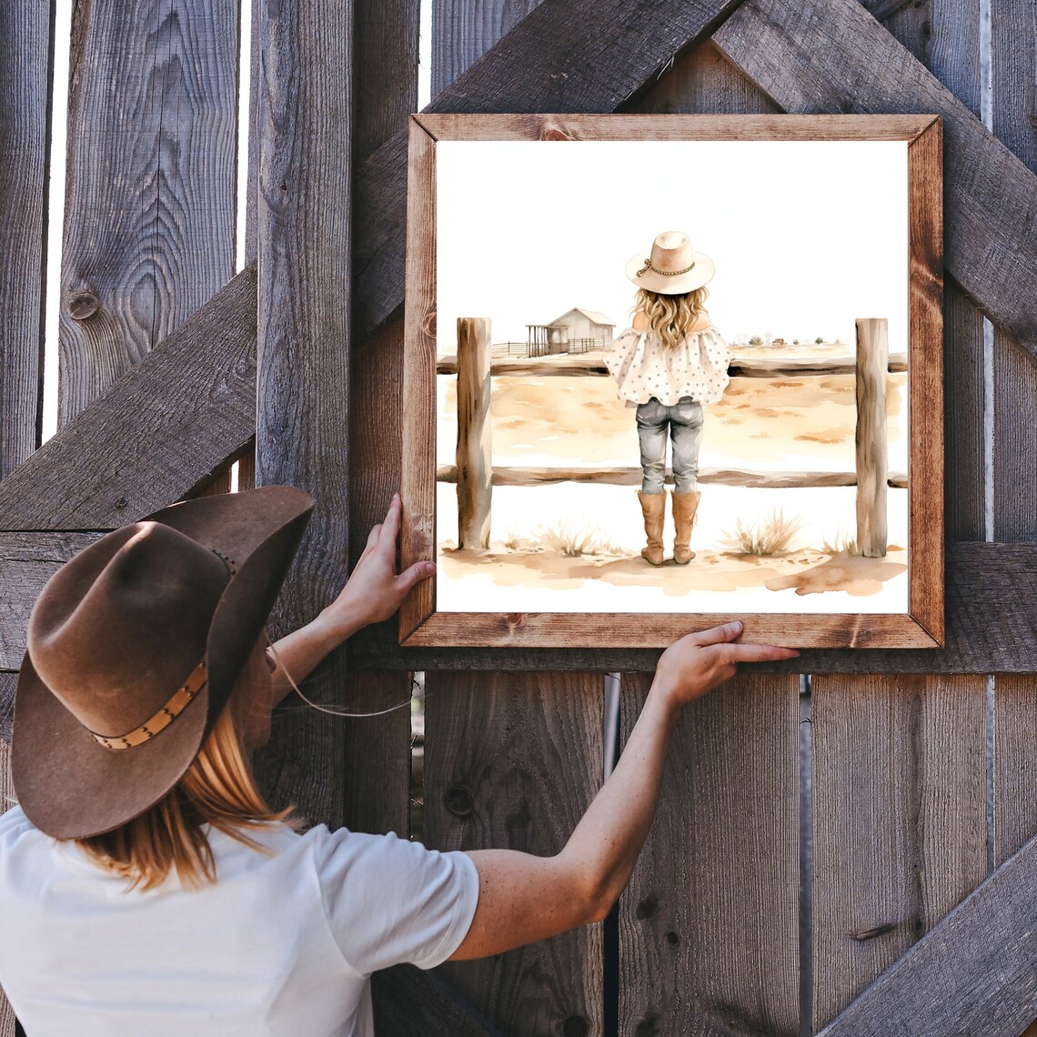 Little Cowgirl Fence Ranch Watercolor Western Nursery Wall Art - Image 2