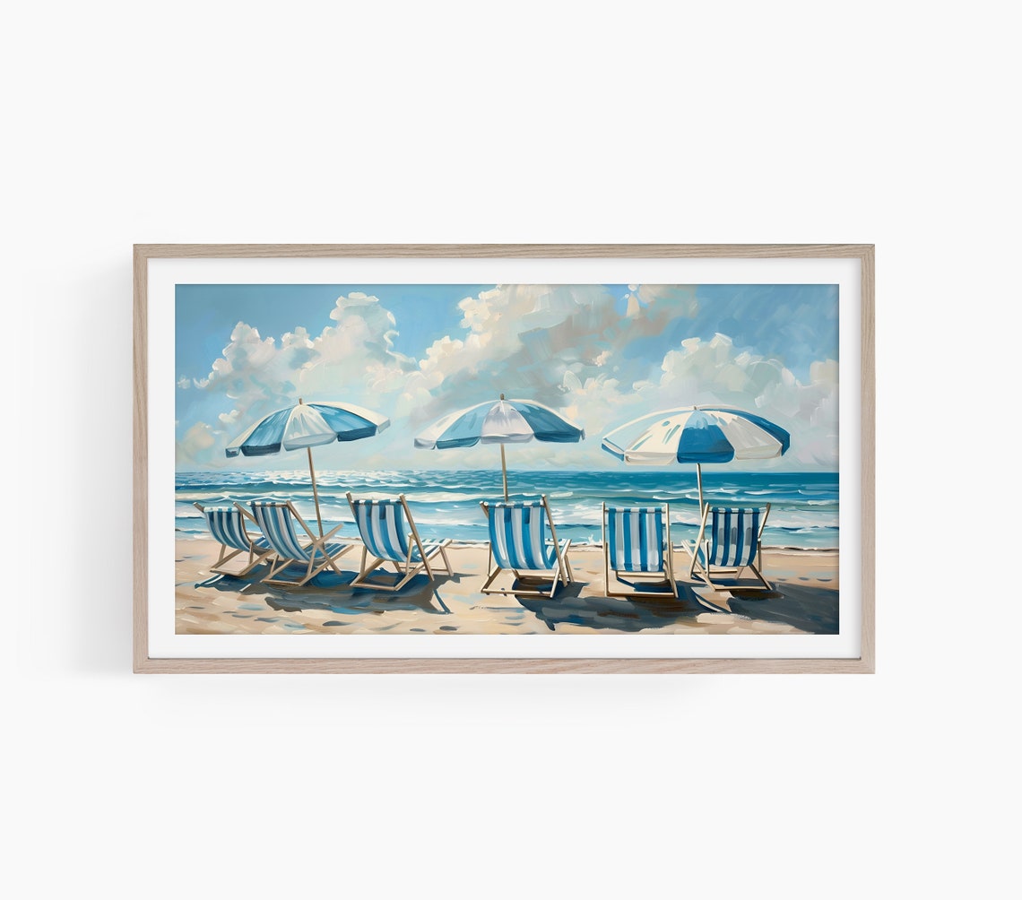 Beach Chairs Blue Striped Umbrellas Ocean Shore Summer Painting Poster