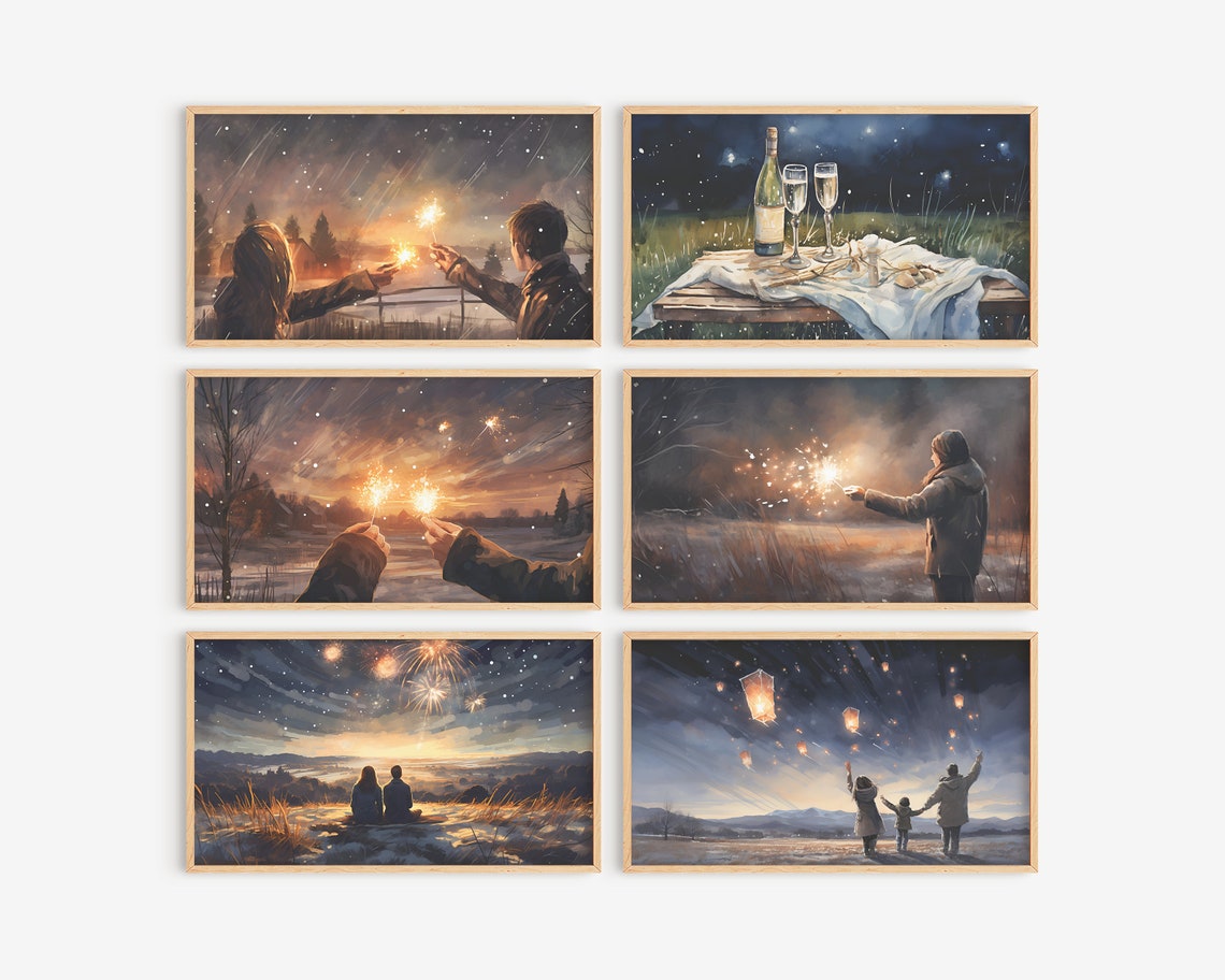 New Years Eve Celebration Art Set Sparklers Fireworks Six Piece Poster