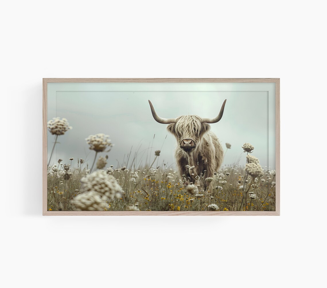 Highland Cow Standing Wildflower Meadow Misty Morning Poster