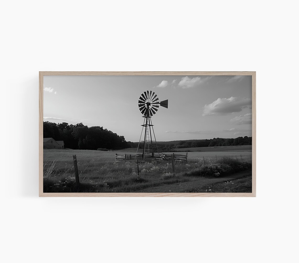 Black and White Windmill Farm Country Landscape Photo Poster