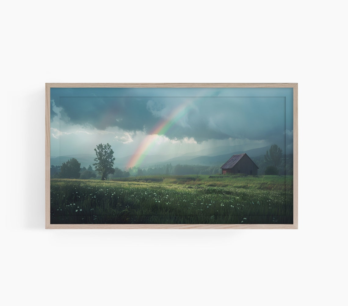 Rainbow over Green Field Red Barn Stormy Sky Landscape Poster