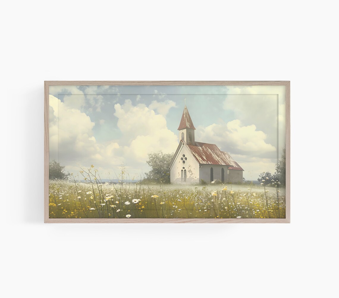 Vintage Country Church, Spring Wildflower Art Print