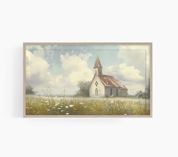 Vintage Country Church, Spring Wildflower Art Print