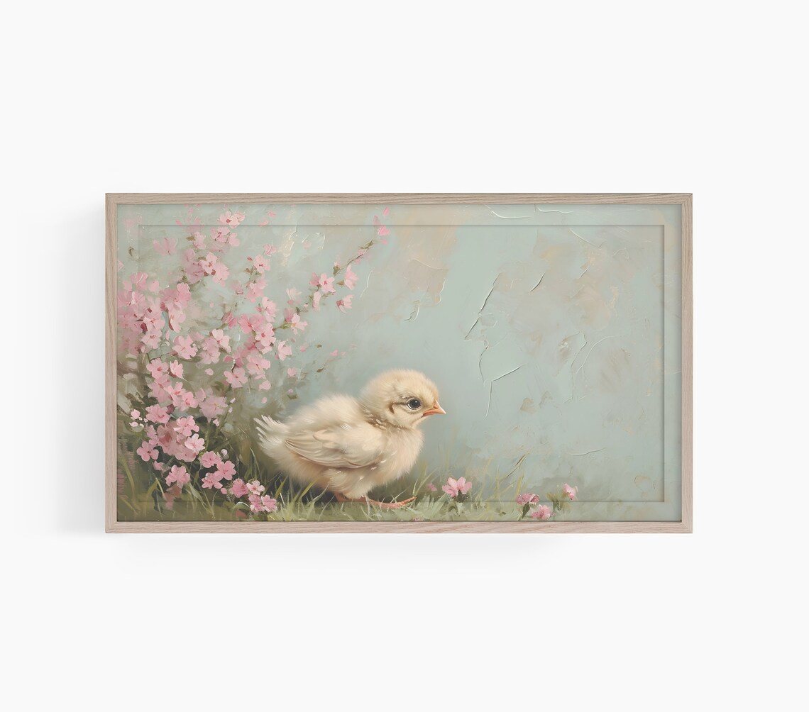 Vintage Easter Chick Art Print, Floral TV Art