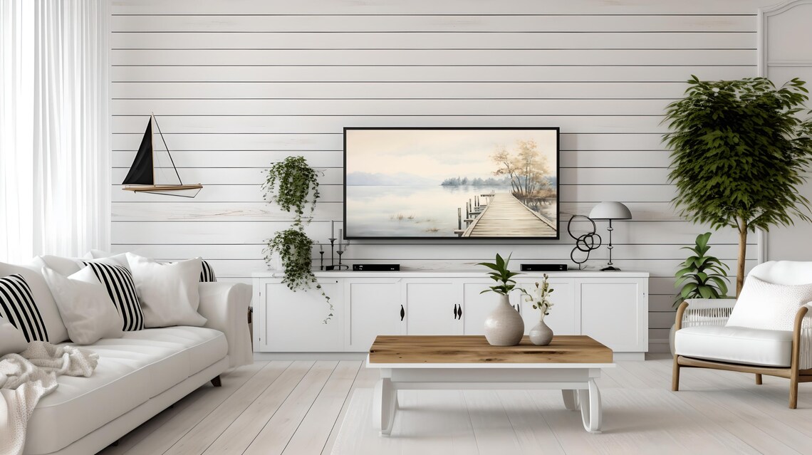Serene Wooden Dock on Calm Misty Lake Watercolor Landscape Poster - Image 2