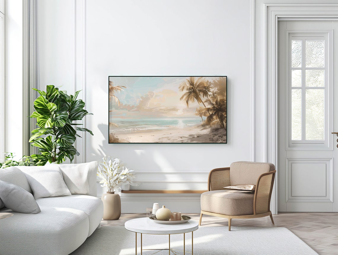 Palm Tree Beach Sunset in Soft Pastel Tropical Watercolor Poster - Image 3