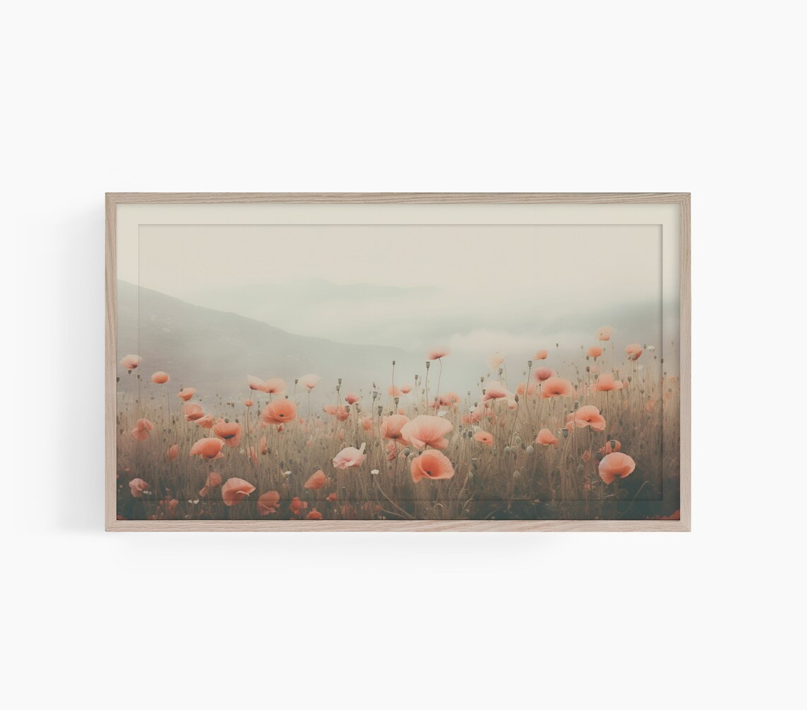 Soft Coral Poppies Field Misty Mountain Meadow Landscape Poster