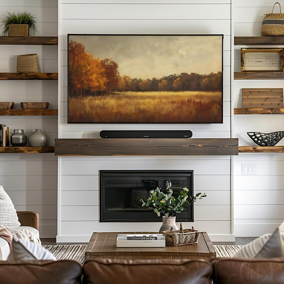Golden Autumn Meadow Field Oil Painting Fall Landscape Warm Rustic Wall Art
