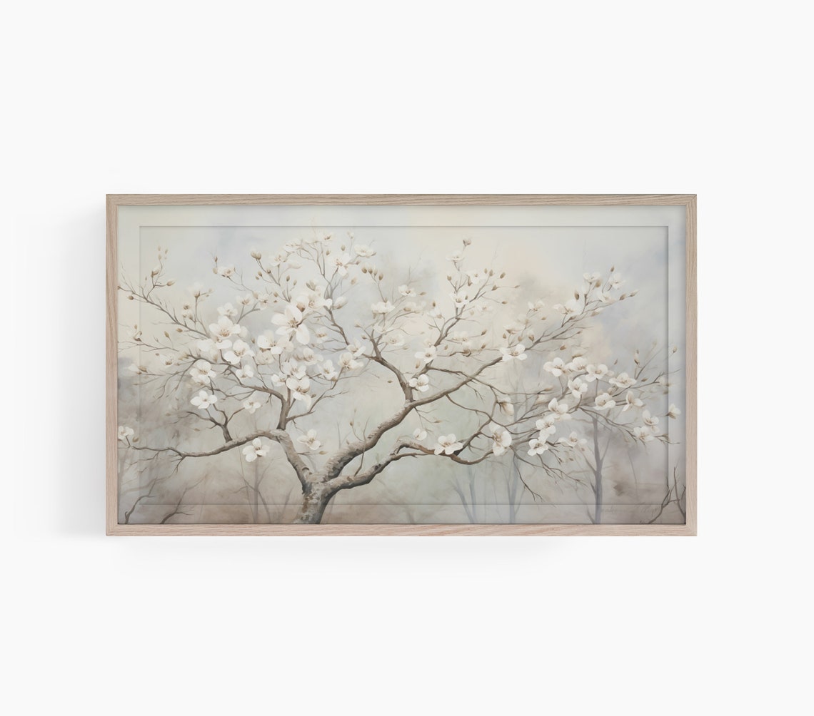 Soft White Flowering Tree Misty Spring Blossom Floral Poster