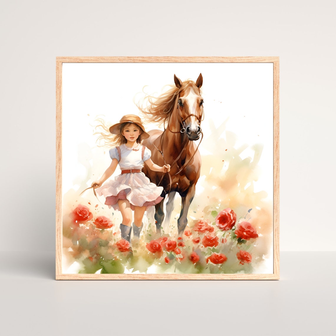 Girl Leading Chestnut Horse Through Red Roses Watercolor Art Poster
