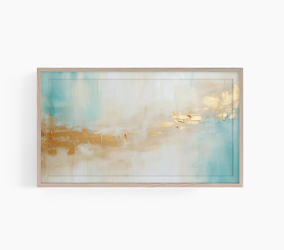 Frame Tv Art Abstract Gold And Aqua Frame Tv Art Impasto Brush Art Tv Modern Art Twelveonecollective