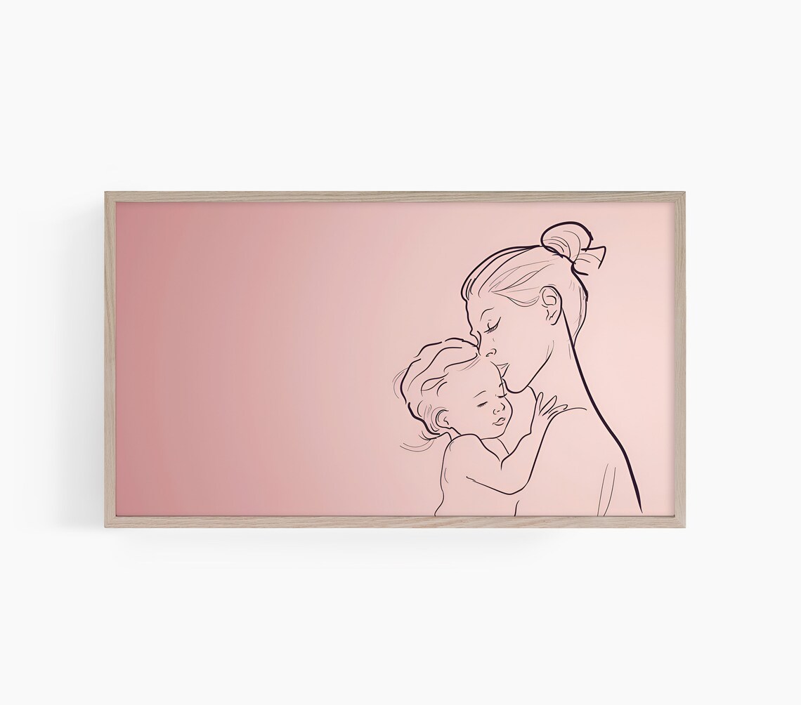 Mother Baby Line Art Blush Pink Minimalist Nursery Wall Poster