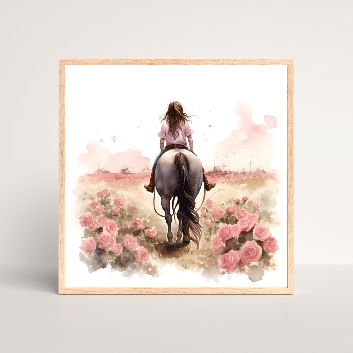 Girl Riding Horse Through Pink Roses Watercolor Nursery Scene Poster