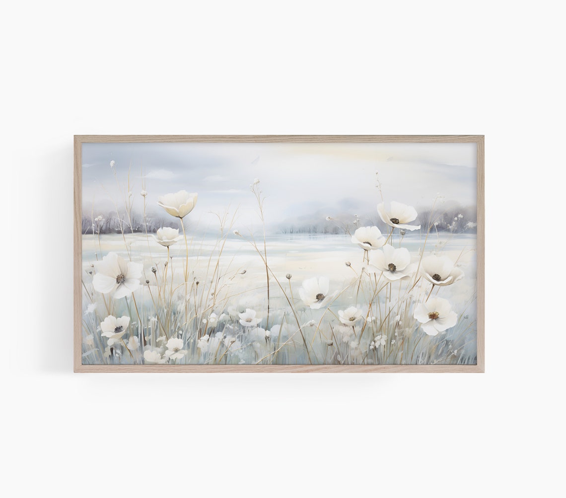 White Wildflower Meadow Misty Spring Floral Painting Art Poster