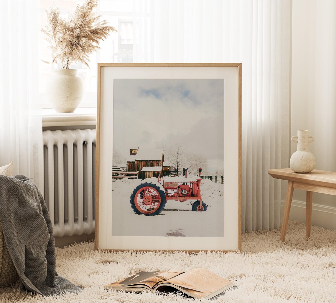 Red Vintage Tractor Snowy Barn Winter Farm Landscape Painting Poster - Image 2